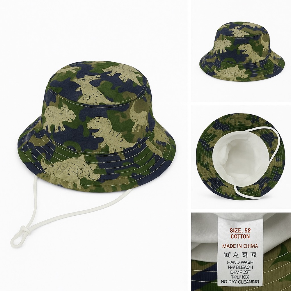 Toddler Dinosaur Fisherman Bucket Hat | Cotton Camo Print | Size 52